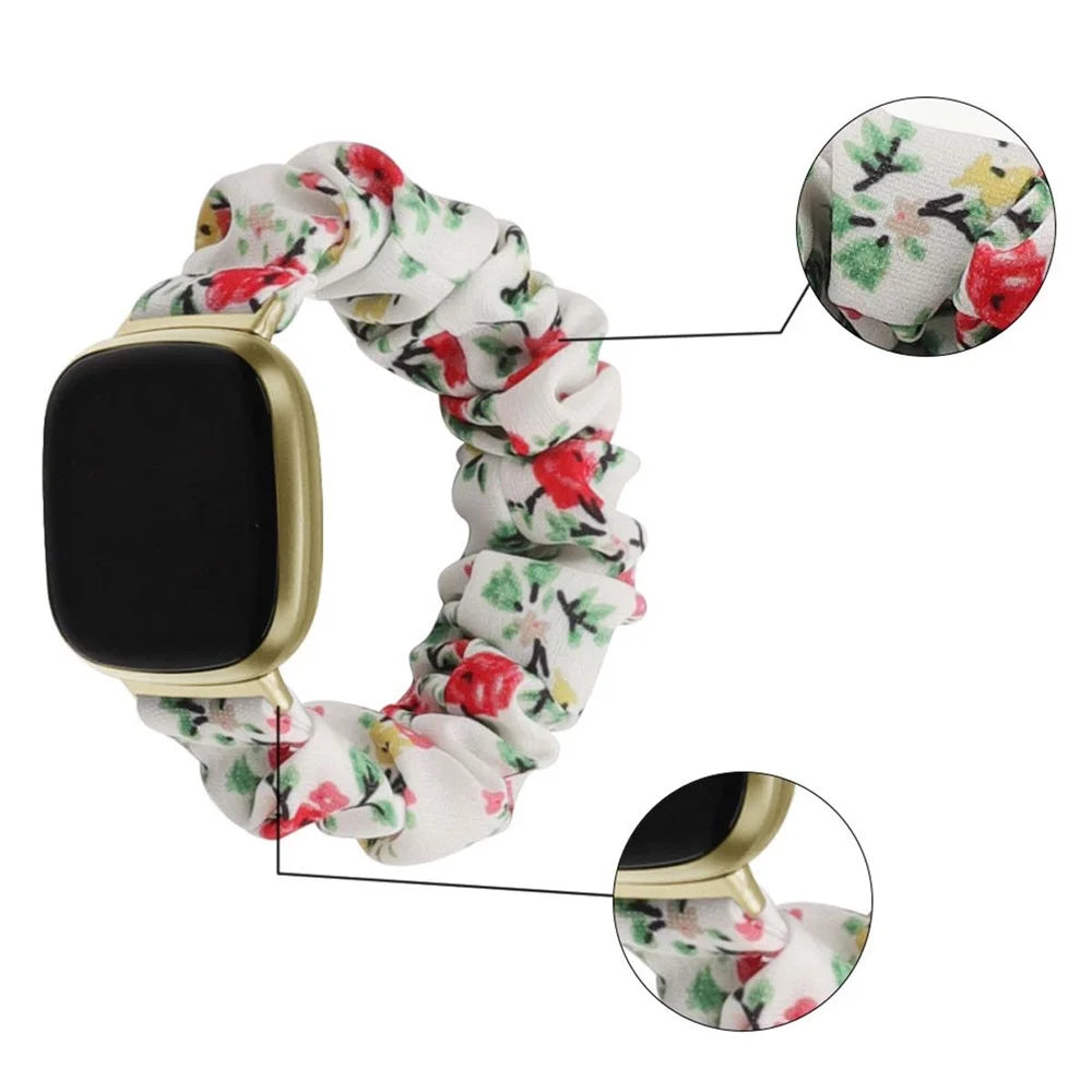 For Fitbit Versa/Versa 2/Versa Lite Elastic Watch Strap Hair Band Printed Fabric 22mm Watch Band Replacement Part - White/Red Flower - 6