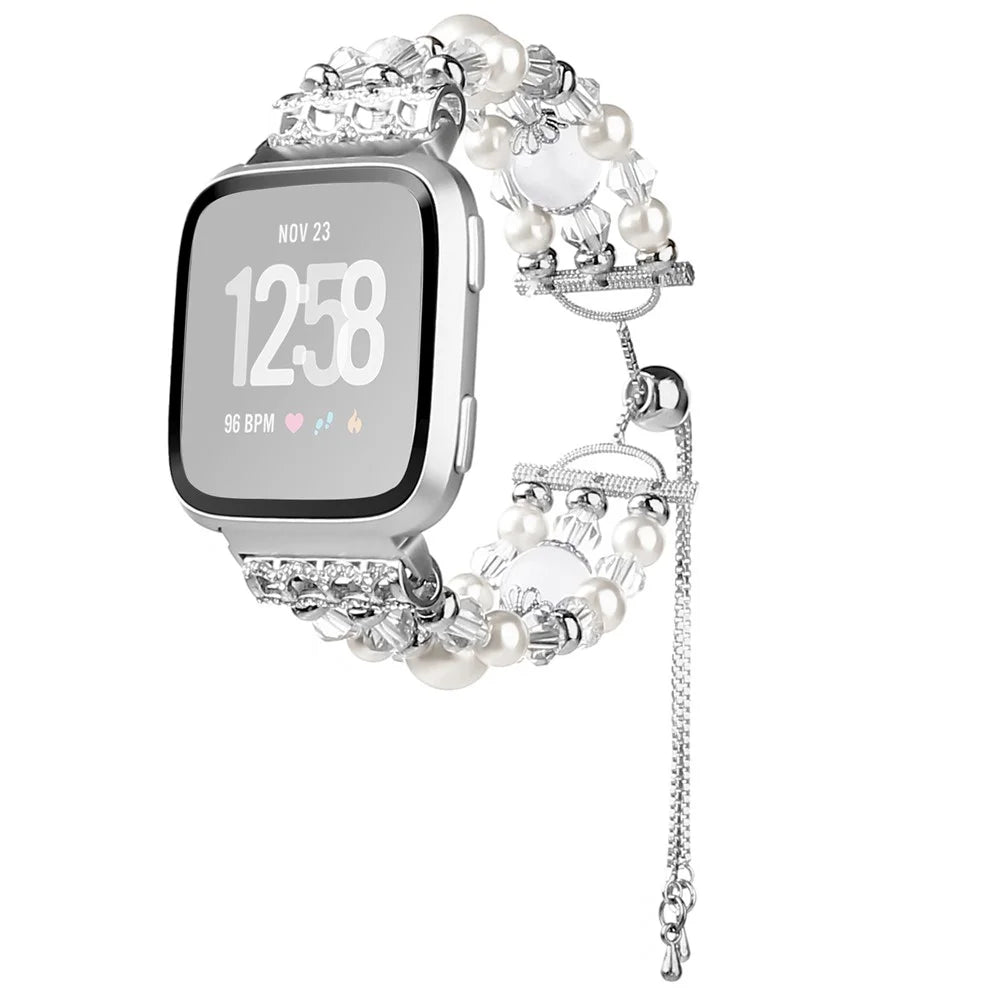 For Fitbit Versa/Versa 2/Versa Lite Fashion Agate Crystal Beads Slide Bracelet Watch Band Replacement for Women - White - 1