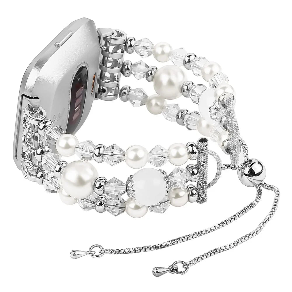 For Fitbit Versa/Versa 2/Versa Lite Fashion Agate Crystal Beads Slide Bracelet Watch Band Replacement for Women - White - 3