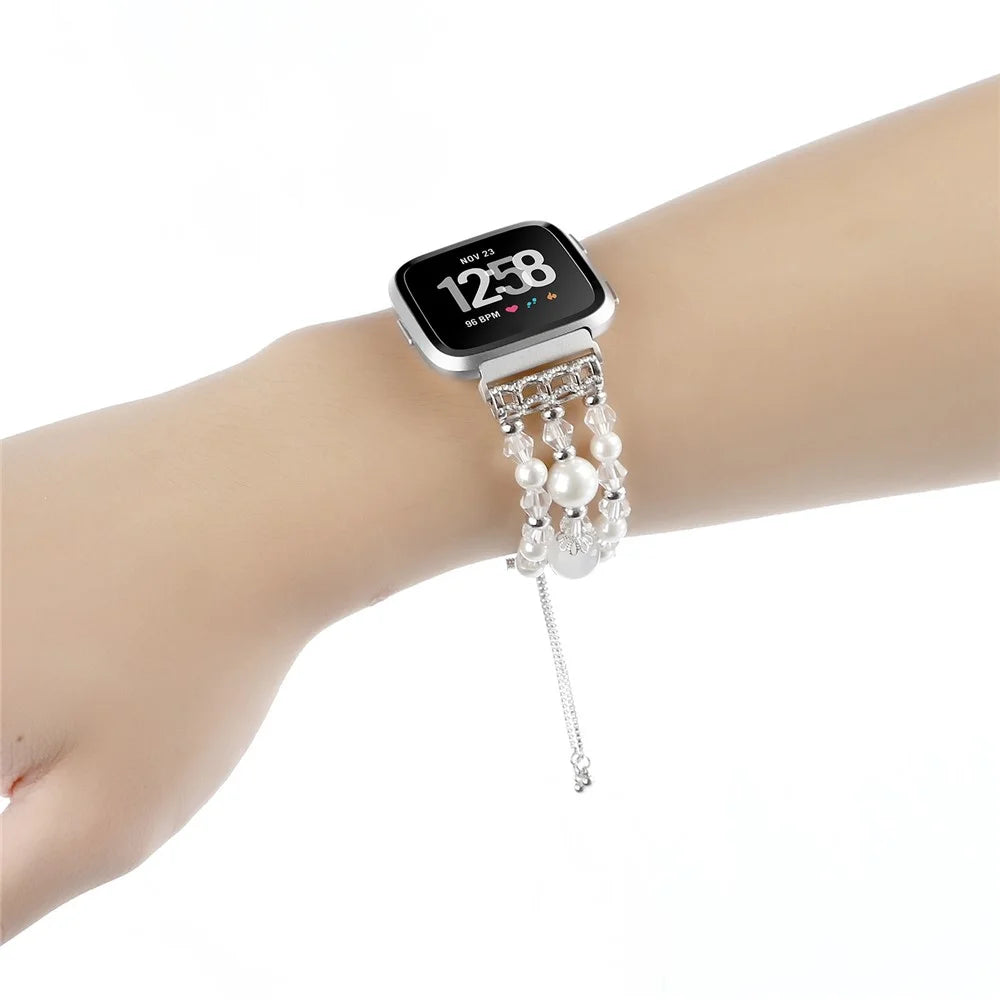 For Fitbit Versa/Versa 2/Versa Lite Fashion Agate Crystal Beads Slide Bracelet Watch Band Replacement for Women - White - 4