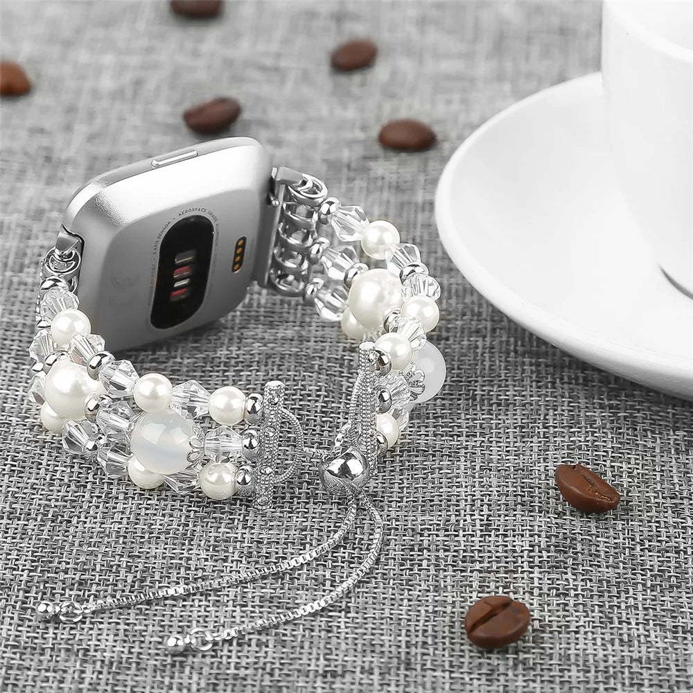 For Fitbit Versa/Versa 2/Versa Lite Fashion Agate Crystal Beads Slide Bracelet Watch Band Replacement for Women - White - 6