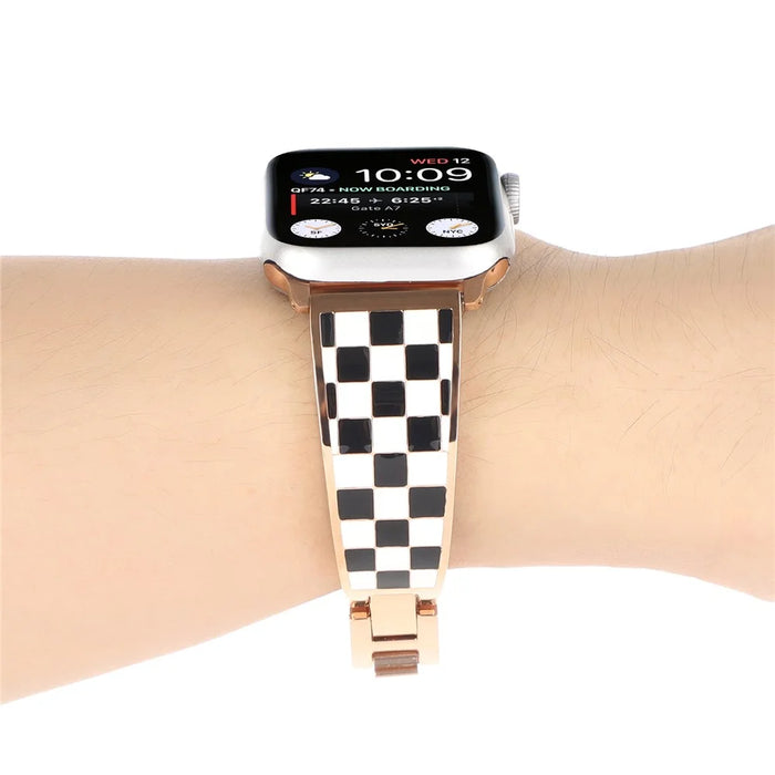 For Apple Watch Ultra 3 2 1 49mm / Series 11 10 46mm / 9 8 7 45mm / SE3 SE2 SE 6 5 4 44mm / 3 2 1 42mm Chain Style Bracelet Stainless Steel Watchband Watch Strap - Black White Grid - 4