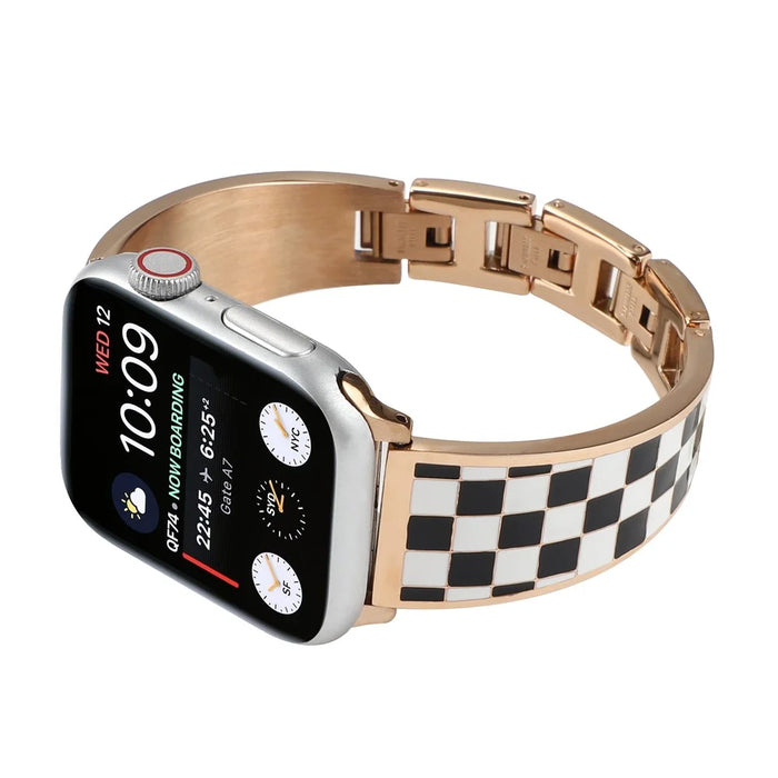 For Apple Watch Ultra 3 2 1 49mm / Series 11 10 46mm / 9 8 7 45mm / SE3 SE2 SE 6 5 4 44mm / 3 2 1 42mm Chain Style Bracelet Stainless Steel Watchband Watch Strap - Black White Grid - 5