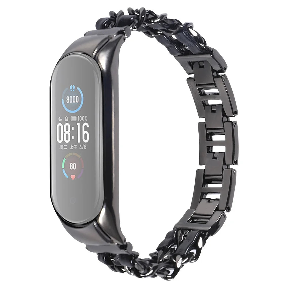 For Xiaomi Mi Band 5/Mi Band 6 Stainless Steel Chain Splicing Watchband Watch Strap -  Black - 1