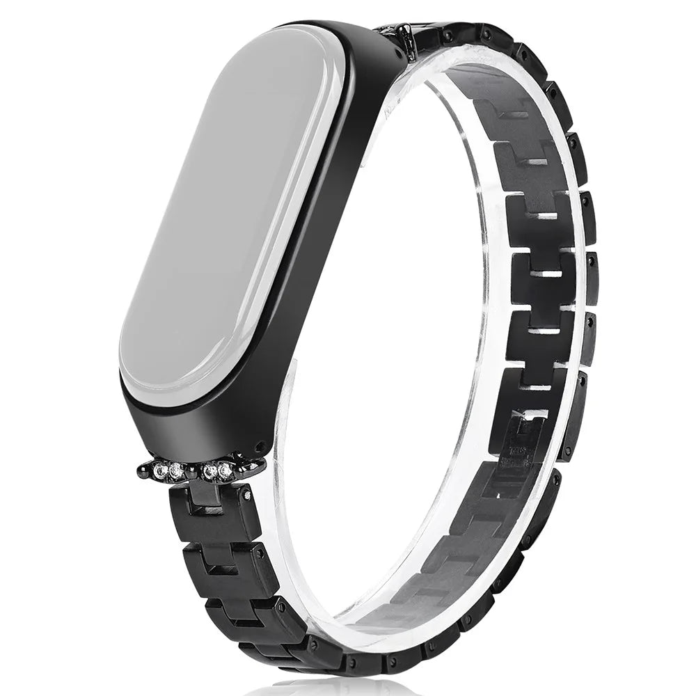 For Xiaomi Mi Band 3/4 Bling Rhinestone Decorative Smart Watch Stainless Steel Chain Watch Strap Metal Watchband - Black - 1