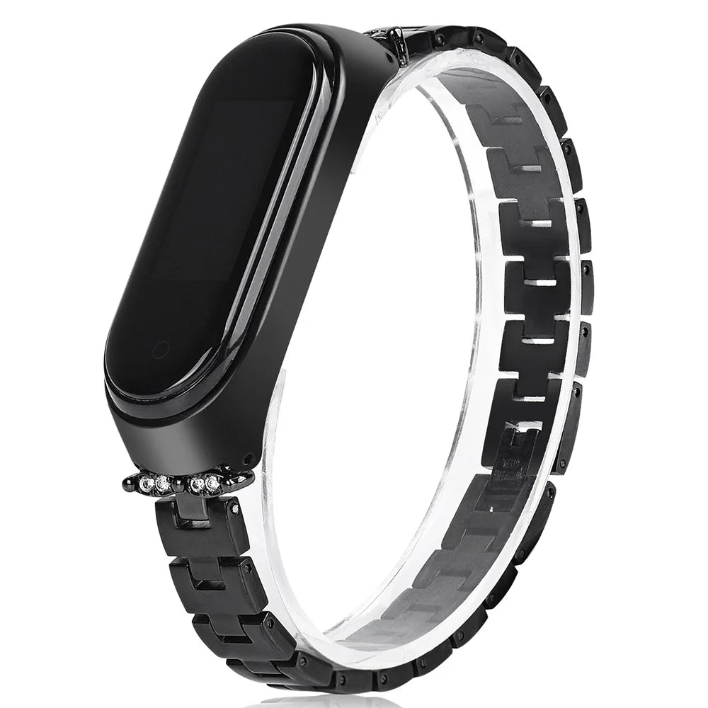 For Xiaomi Mi Band 3/4 Bling Rhinestone Decorative Smart Watch Stainless Steel Chain Watch Strap Metal Watchband - Black - 2