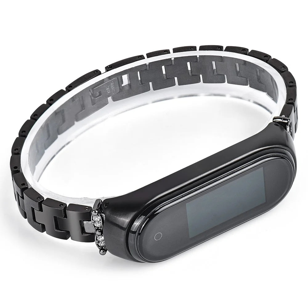 For Xiaomi Mi Band 3/4 Bling Rhinestone Decorative Smart Watch Stainless Steel Chain Watch Strap Metal Watchband - Black - 4