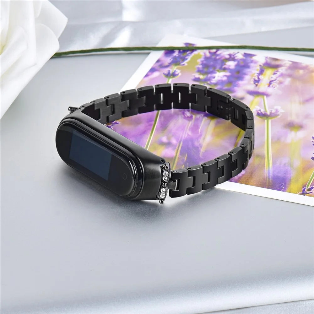 For Xiaomi Mi Band 3/4 Bling Rhinestone Decorative Smart Watch Stainless Steel Chain Watch Strap Metal Watchband - Black - 6