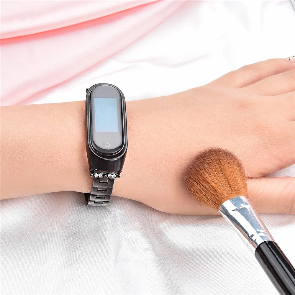 For Xiaomi Mi Band 3/4 Bling Rhinestone Decorative Smart Watch Stainless Steel Chain Watch Strap Metal Watchband - Black - 7