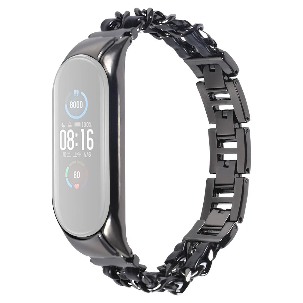 For Xiaomi Mi Band 3/4 Smart Watch Stainless Steel Chain Watch Strap Metal Watchband - Black - 1