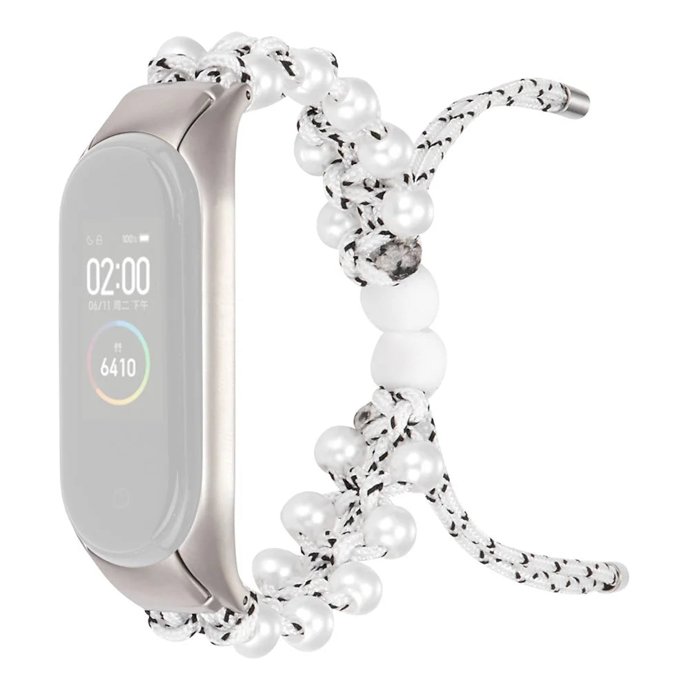 For Xiaomi Mi Band 3 / 4 Watch Band Stylish Beads Decorated Wrist Strap Drawstring Design Adjustable Nylon Rope Watchband - White / Black - 1
