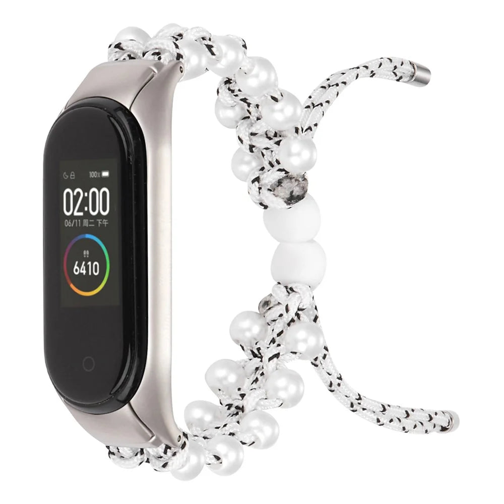 For Xiaomi Mi Band 3 / 4 Watch Band Stylish Beads Decorated Wrist Strap Drawstring Design Adjustable Nylon Rope Watchband - White / Black - 2
