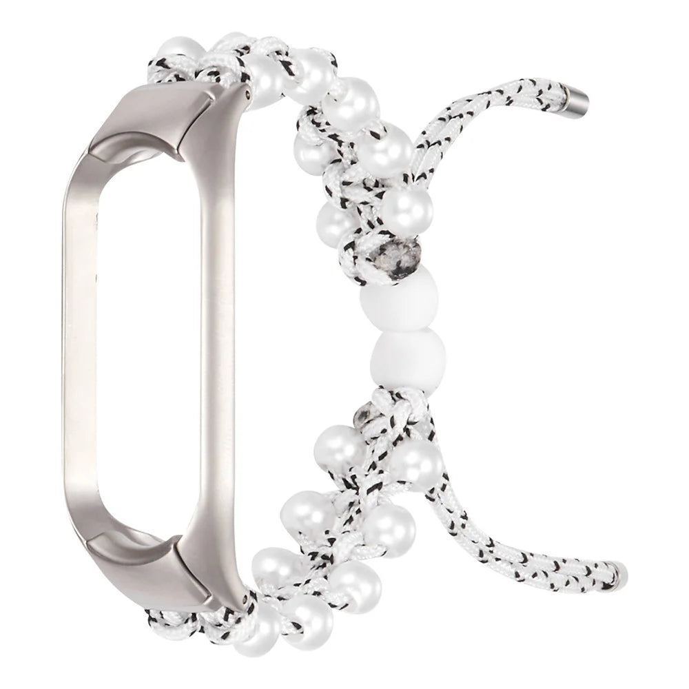 For Xiaomi Mi Band 3 / 4 Watch Band Stylish Beads Decorated Wrist Strap Drawstring Design Adjustable Nylon Rope Watchband - White / Black - 3