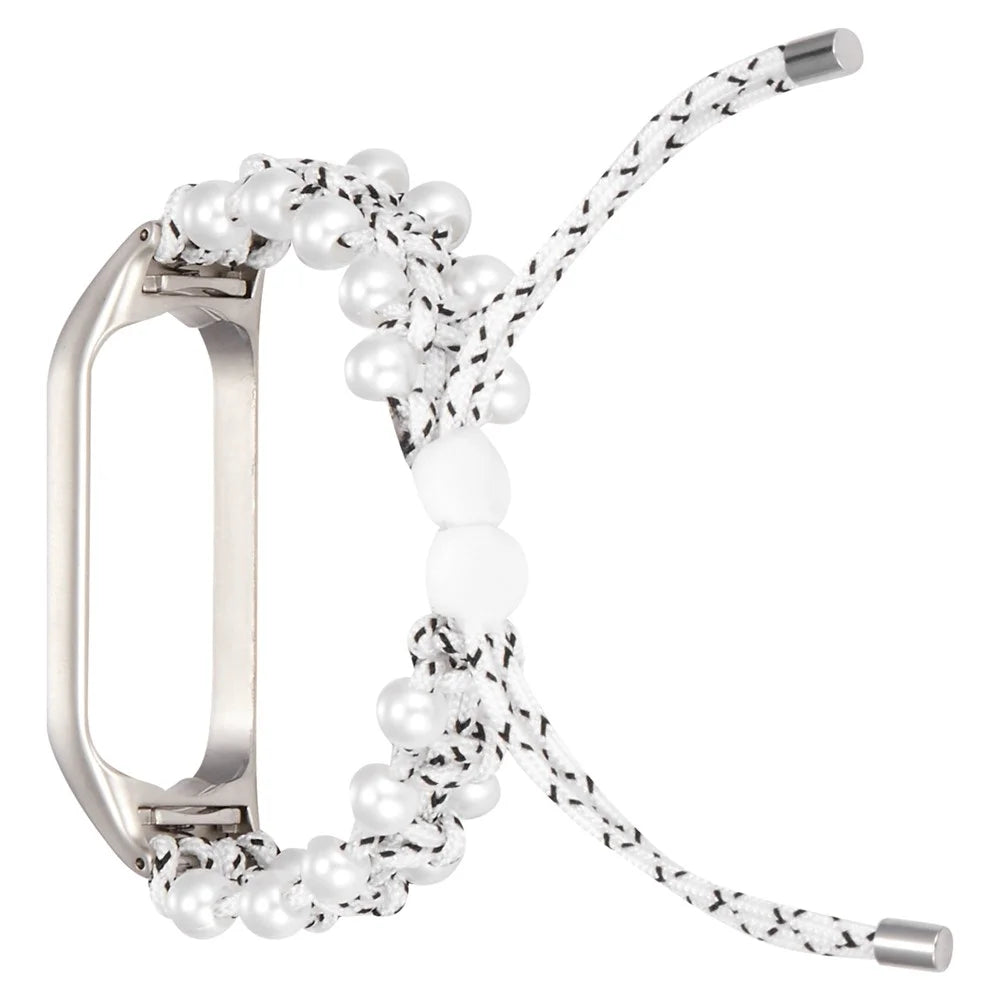 For Xiaomi Mi Band 3 / 4 Watch Band Stylish Beads Decorated Wrist Strap Drawstring Design Adjustable Nylon Rope Watchband - White / Black - 4