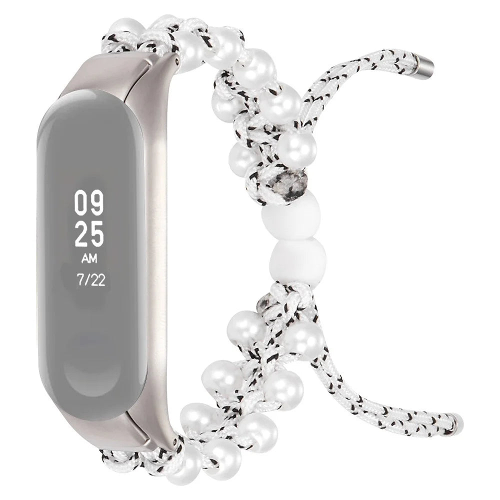 For Xiaomi Mi Band 5/6 Stylish Beads Decor Replacement Wrist Band Drawstring Design Adjustable Nylon Rope Watch Strap - White/Black - 1