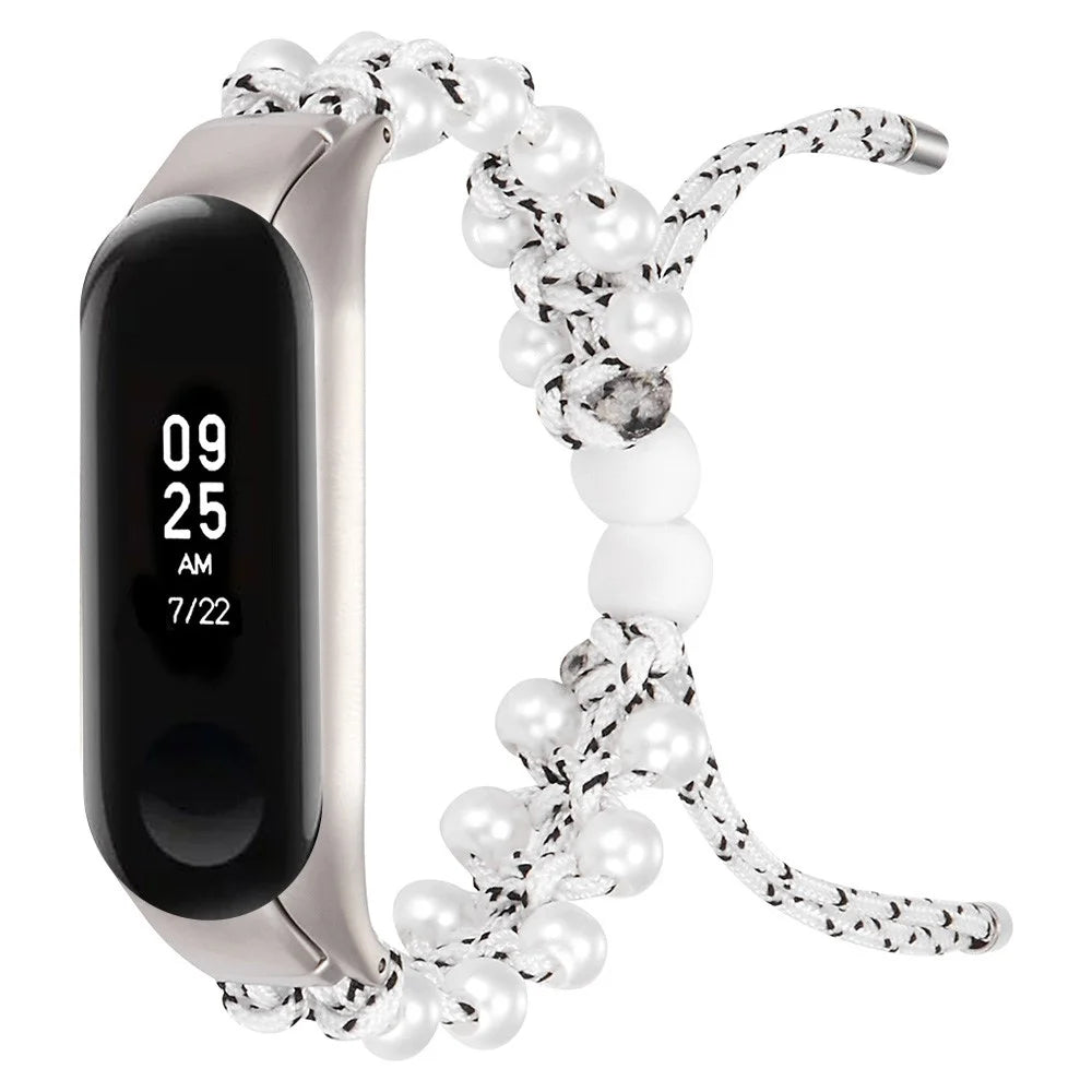 For Xiaomi Mi Band 5/6 Stylish Beads Decor Replacement Wrist Band Drawstring Design Adjustable Nylon Rope Watch Strap - White/Black - 2