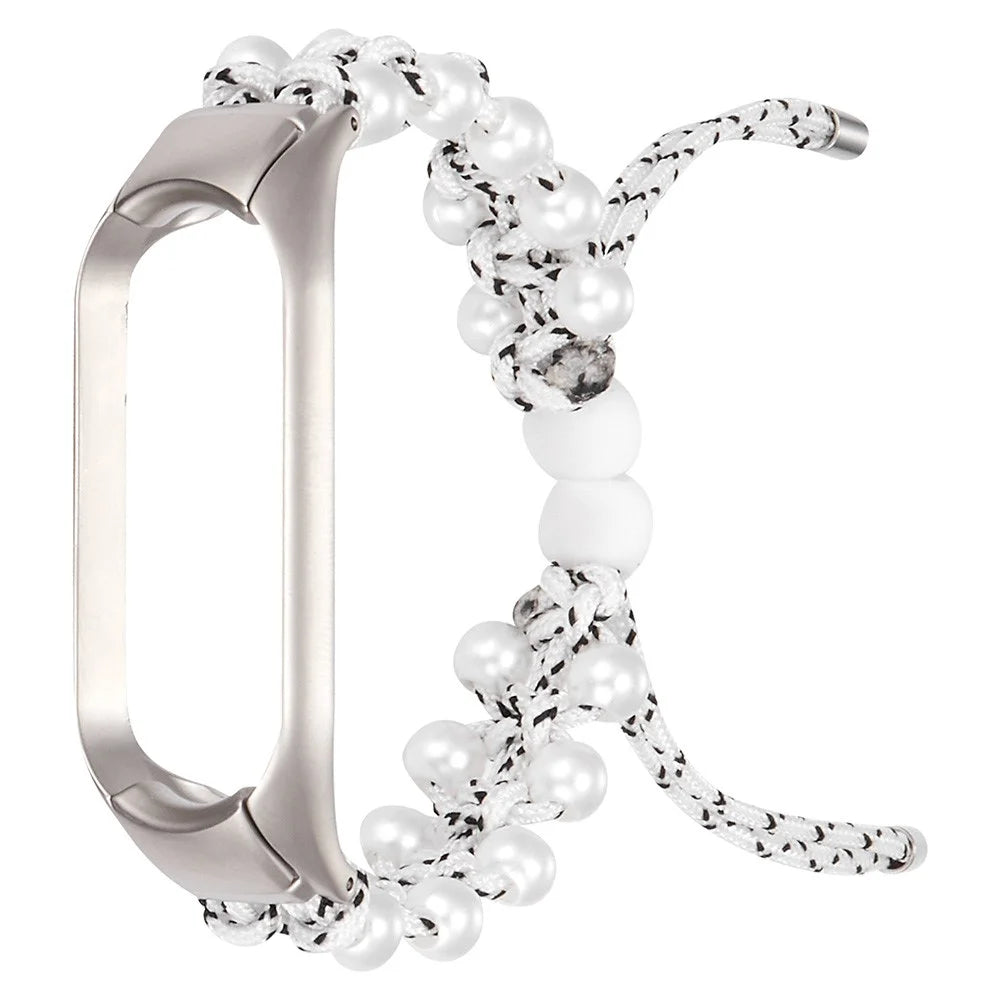 For Xiaomi Mi Band 5/6 Stylish Beads Decor Replacement Wrist Band Drawstring Design Adjustable Nylon Rope Watch Strap - White/Black - 3