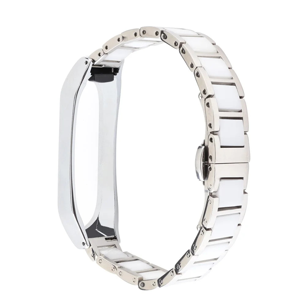 For Xiaomi Mi Band 3/Mi Band 4 Stylish Ceramics+Stainless Steel Watch Band Wrist Strap - Three Beads White - 2