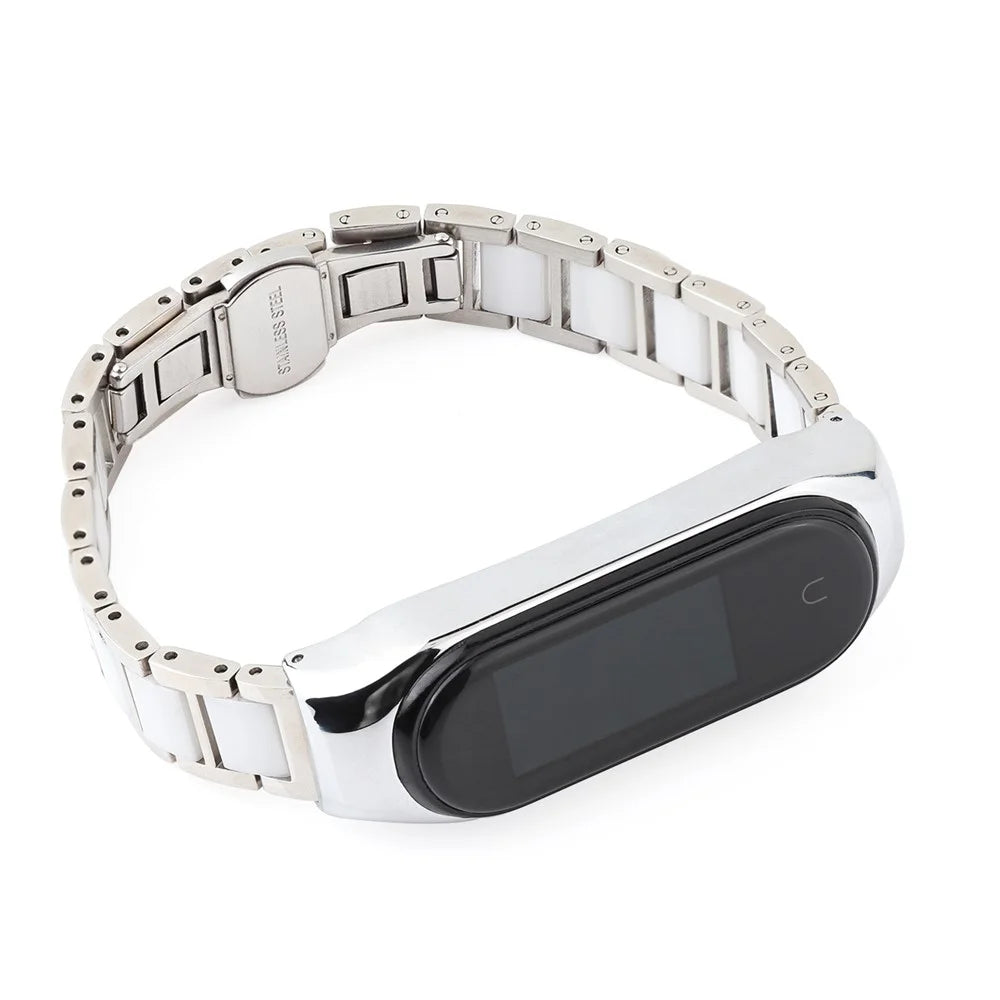 For Xiaomi Mi Band 3/Mi Band 4 Stylish Ceramics+Stainless Steel Watch Band Wrist Strap - Three Beads White - 3