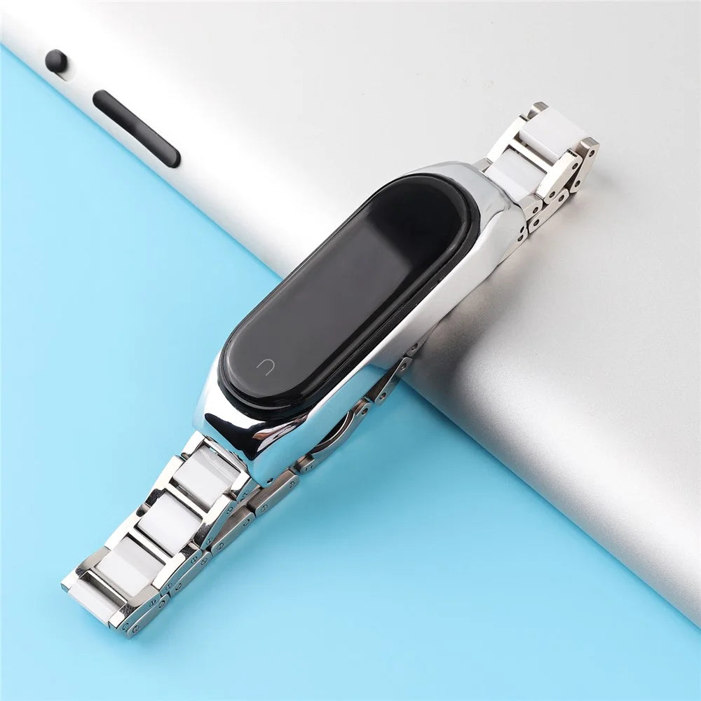 For Xiaomi Mi Band 3/Mi Band 4 Stylish Ceramics+Stainless Steel Watch Band Wrist Strap - Three Beads White - 4