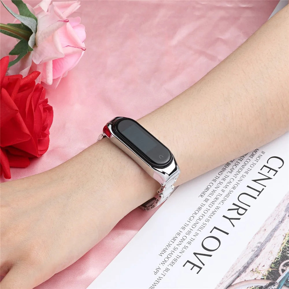 For Xiaomi Mi Band 3/Mi Band 4 Stylish Ceramics+Stainless Steel Watch Band Wrist Strap - Three Beads White - 5
