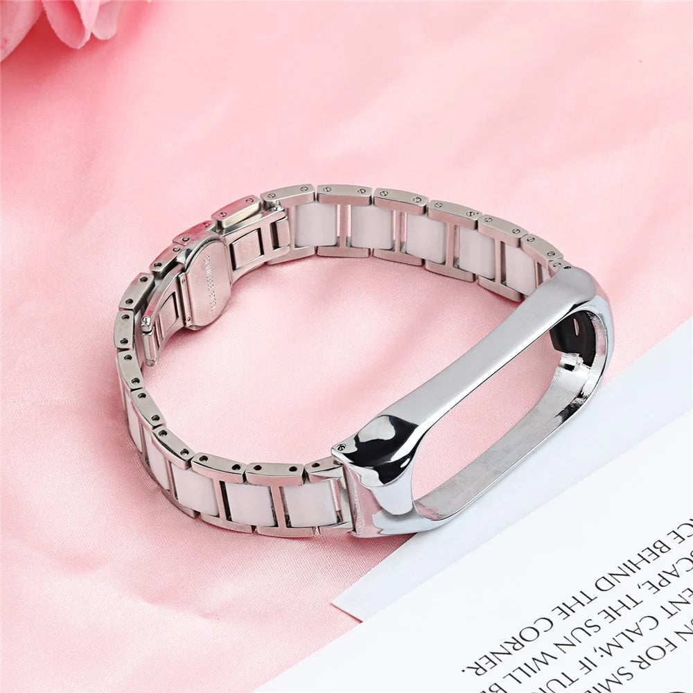 For Xiaomi Mi Band 3/Mi Band 4 Stylish Ceramics+Stainless Steel Watch Band Wrist Strap - Three Beads White - 7