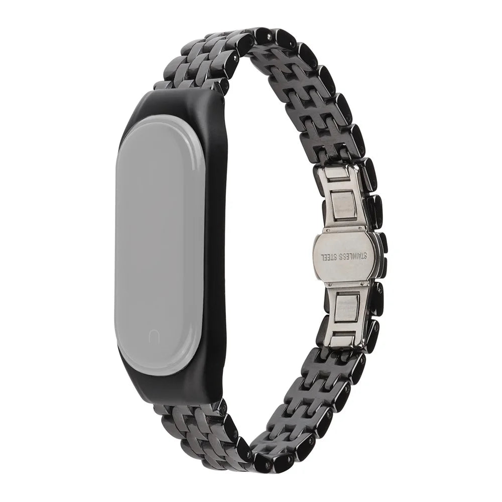 For Xiaomi Mi Band 5/Mi Band 6 Ceramics+Stainless Steel Watch Strap Replacement Watch Band - Five Beads Black - 1