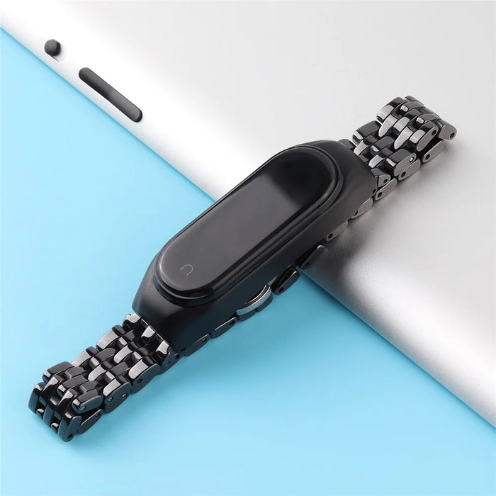 For Xiaomi Mi Band 5/Mi Band 6 Ceramics+Stainless Steel Watch Strap Replacement Watch Band - Five Beads Black - 4