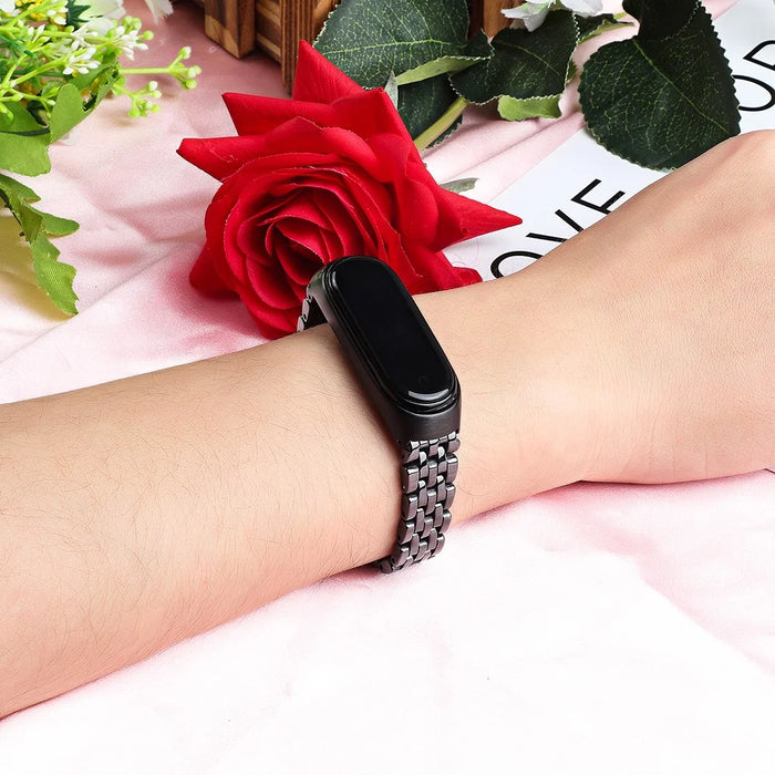 For Xiaomi Mi Band 5/Mi Band 6 Ceramics+Stainless Steel Watch Strap Replacement Watch Band - Five Beads Black - 5