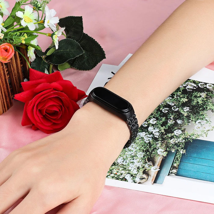 For Xiaomi Mi Band 5/Mi Band 6 Ceramics+Stainless Steel Watch Strap Replacement Watch Band - Five Beads Black - 7