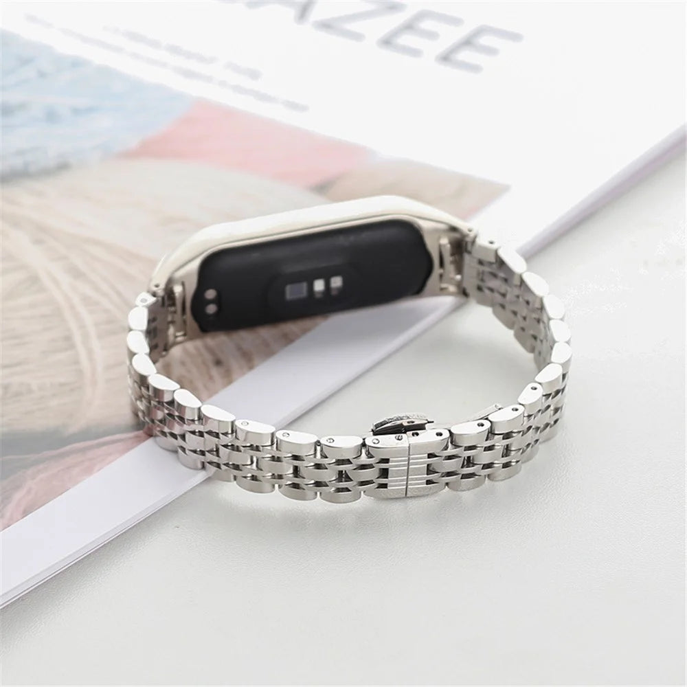 For Xiaomi Mi Band 5/6 Metal Watch Band Stainless Steel Smart Watch Strap with Buckle Clamp - Sliver - 5