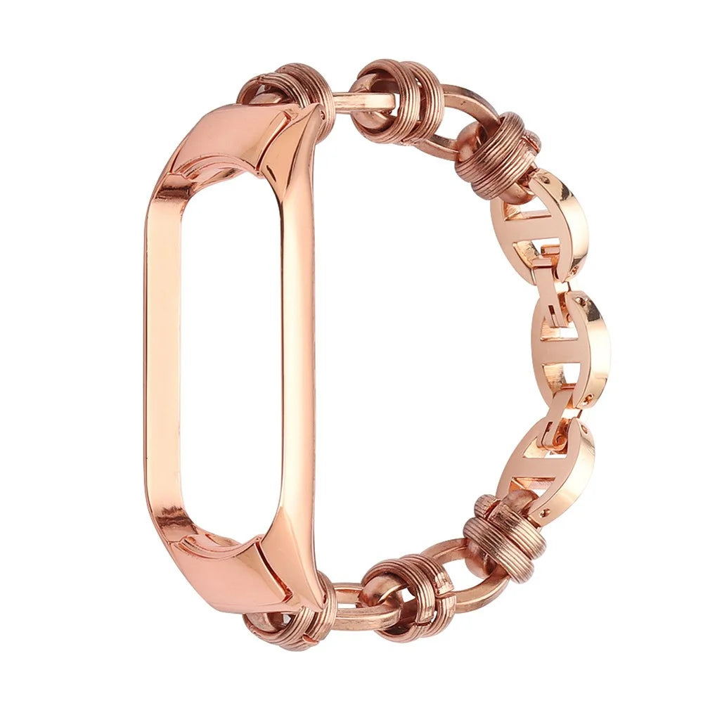 For Xiaomi Mi Band 3/4 Watch Strap Stainless Steel Watch Band with Thread Design for Girls - Rose Gold - 1