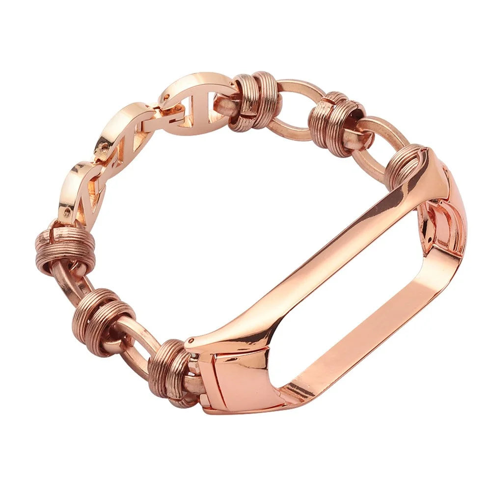 For Xiaomi Mi Band 3/4 Watch Strap Stainless Steel Watch Band with Thread Design for Girls - Rose Gold - 2
