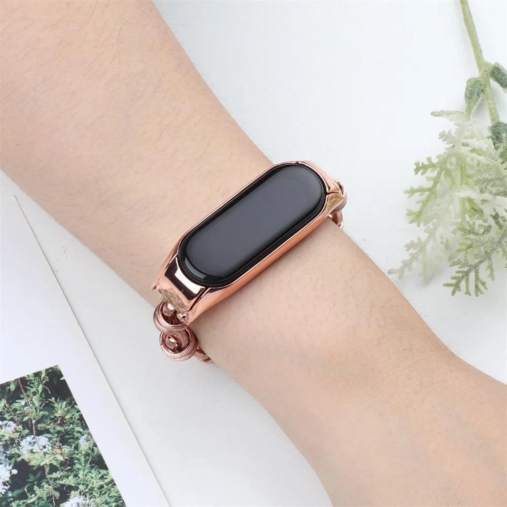 For Xiaomi Mi Band 3/4 Watch Strap Stainless Steel Watch Band with Thread Design for Girls - Rose Gold - 3