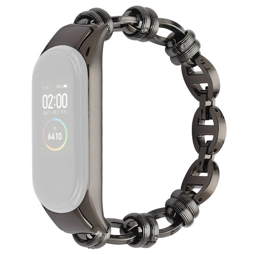 For Xiaomi Mi Band 5/6 Punk Stainless Steel Watch Band with Thread Design Replacement Watch Strap - Black - 1