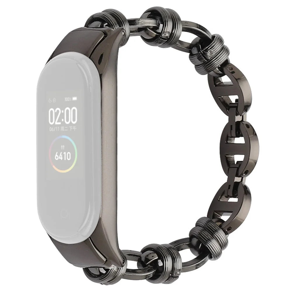 For Xiaomi Mi Band 5/6 Punk Stainless Steel Watch Band with Thread Design Replacement Watch Strap - Black - 1