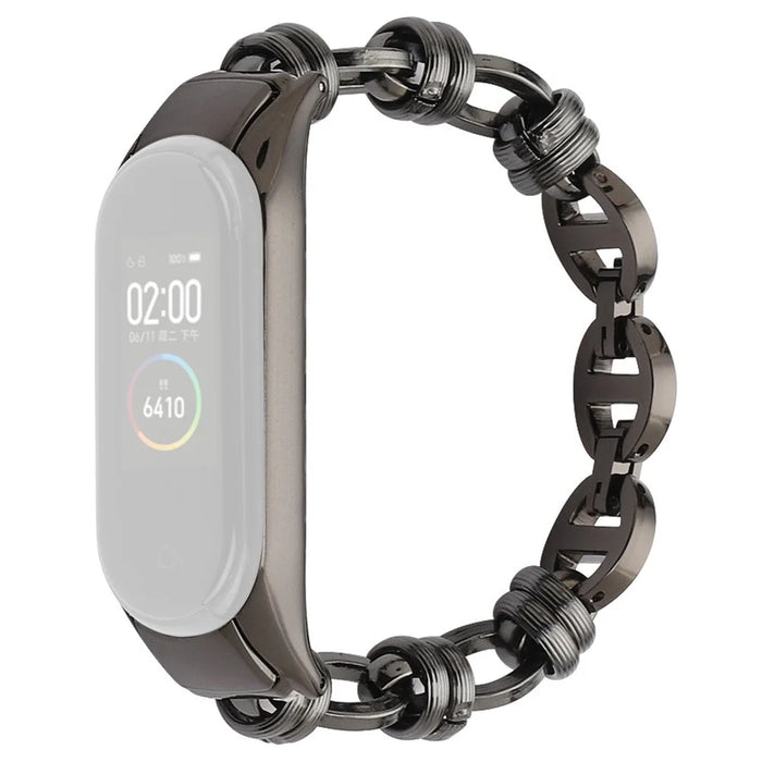 For Xiaomi Mi Band 5/6 Punk Stainless Steel Watch Band with Thread Design Replacement Watch Strap - Black - 1