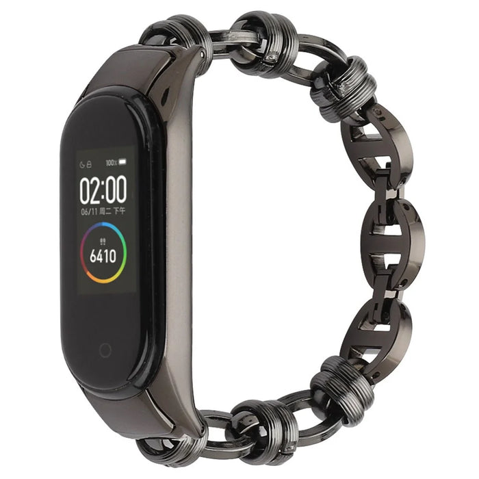 For Xiaomi Mi Band 5/6 Punk Stainless Steel Watch Band with Thread Design Replacement Watch Strap - Black - 2