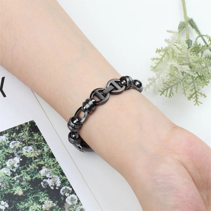 For Xiaomi Mi Band 5/6 Punk Stainless Steel Watch Band with Thread Design Replacement Watch Strap - Black - 6