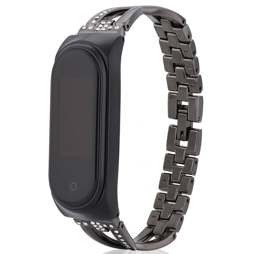 For Xiaomi Mi Band 3/4 Smart Watch X Design Stainless Steel Watch Strap with Rhinestone Decor - Black - 2