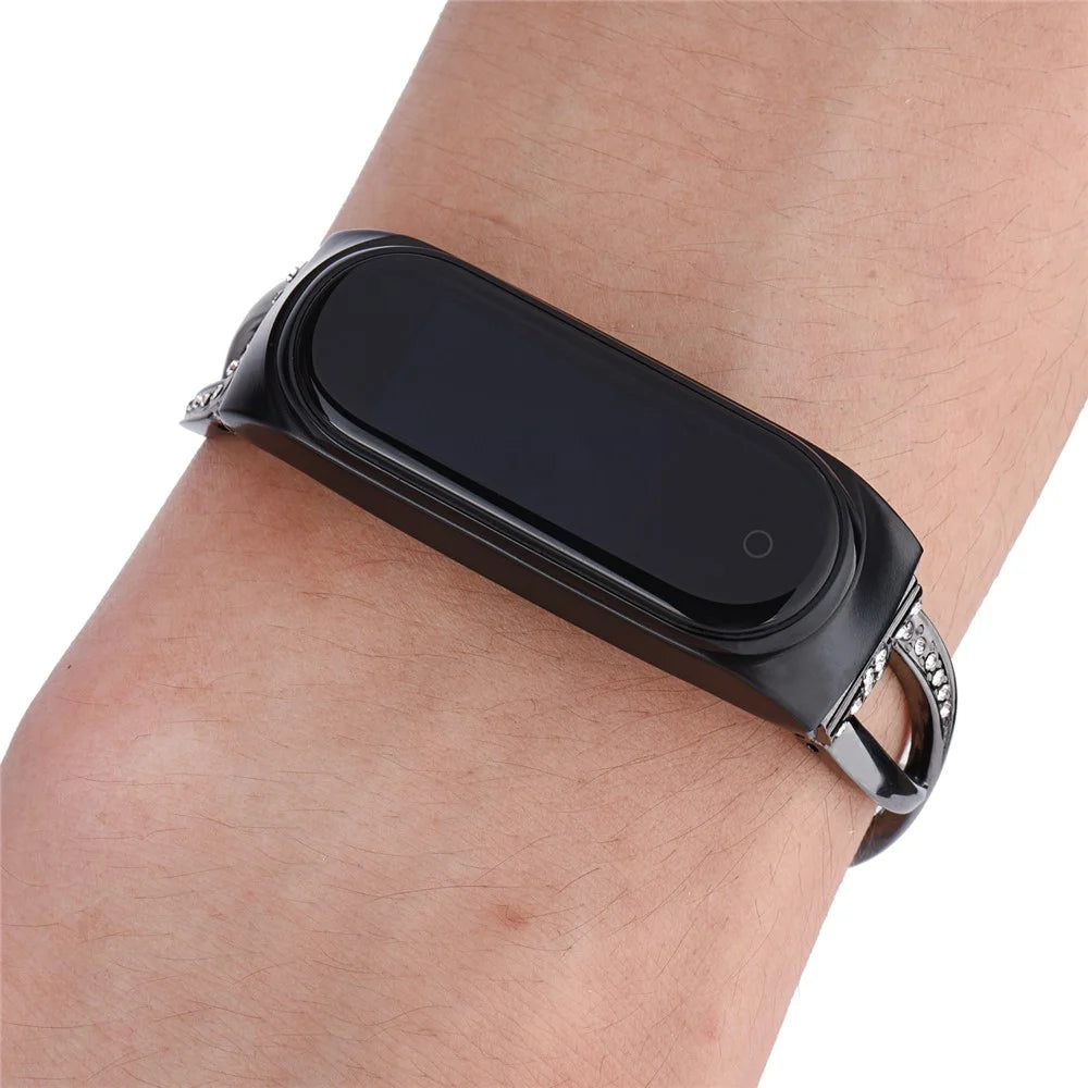 For Xiaomi Mi Band 3/4 Smart Watch X Design Stainless Steel Watch Strap with Rhinestone Decor - Black - 6