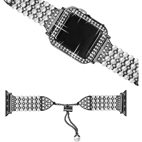 For Apple Watch Series 1 / 2 / 3 38mm Spare Watch Band Replacement Artificial Pearl Rhinestone Bracelet + Protective PC Watch Case - Black - 1