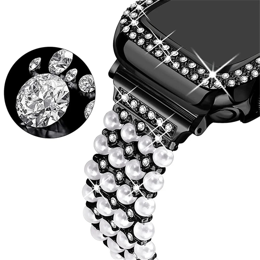 For Apple Watch Series 1 / 2 / 3 38mm Spare Watch Band Replacement Artificial Pearl Rhinestone Bracelet + Protective PC Watch Case - Black - 2