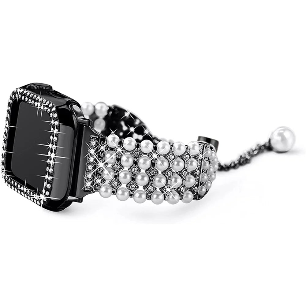 For Apple Watch Series 1 / 2 / 3 38mm Spare Watch Band Replacement Artificial Pearl Rhinestone Bracelet + Protective PC Watch Case - Black - 3