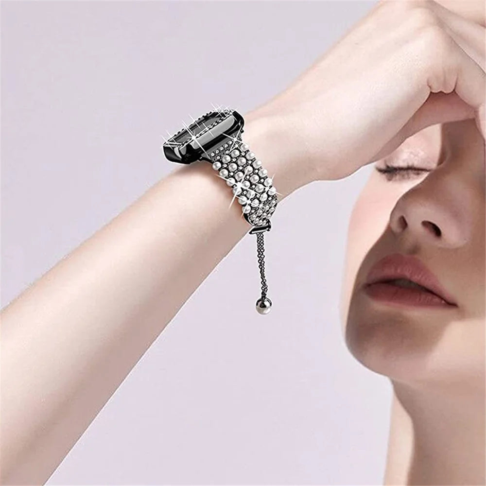 For Apple Watch Series 1 / 2 / 3 38mm Spare Watch Band Replacement Artificial Pearl Rhinestone Bracelet + Protective PC Watch Case - Black - 4