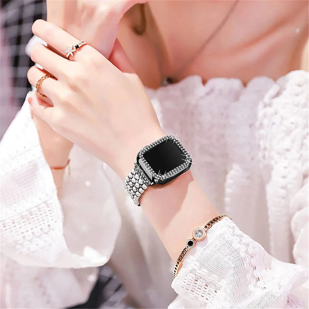 For Apple Watch Series 1 / 2 / 3 38mm Spare Watch Band Replacement Artificial Pearl Rhinestone Bracelet + Protective PC Watch Case - Black - 5