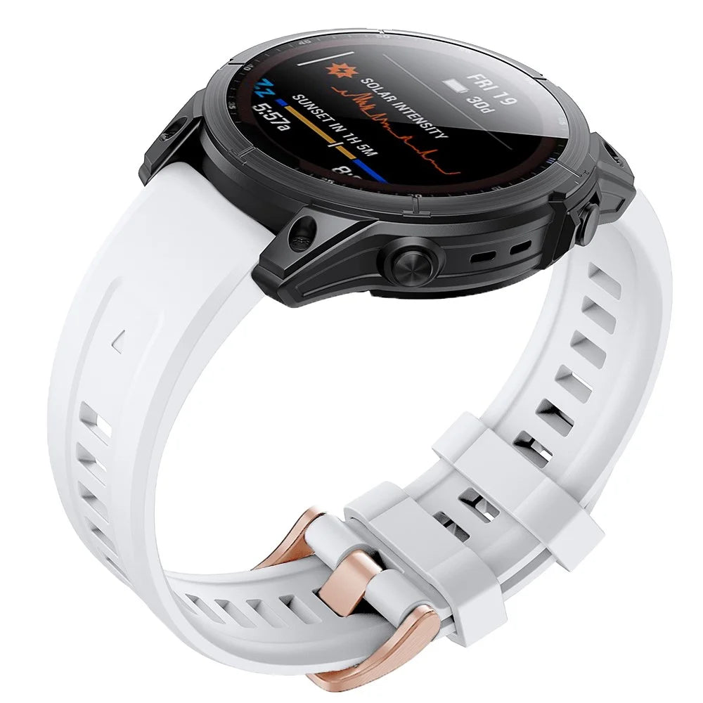 For Garmin Fenix 7S Quick Release Soft Silicone Watch Band Replacement Wrist Strap with Rose Gold Buckle - White - 1