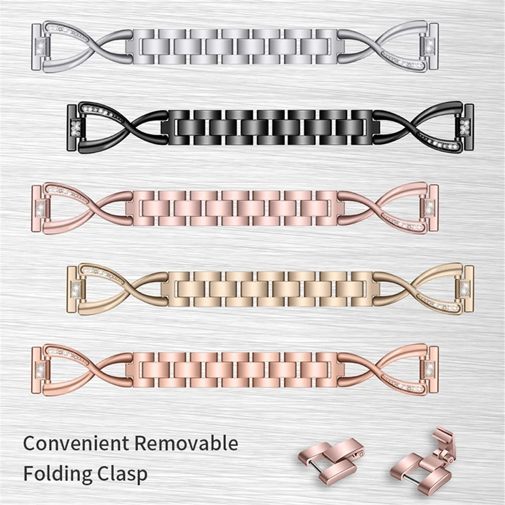 For Fossil Gen 5e 42mm/Gen 6 42mm/Q Venture Gen 4 HR 18mm Wrist Strap Rhinestones Decor X-shape Design Metal Replacement Watch Band - Black - 2