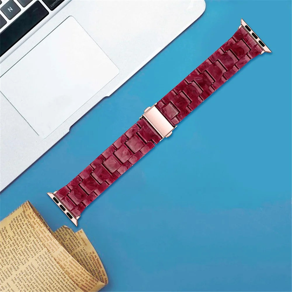 For Apple Watch Series 11 10 42mm / 9 8 7 41mm / SE3 SE2 SE 6 5 4 40mm / 3 2 1 38mm Stylish 3 Beads Resin Strap Replacement Smart Watch Band - Marble Red - 4