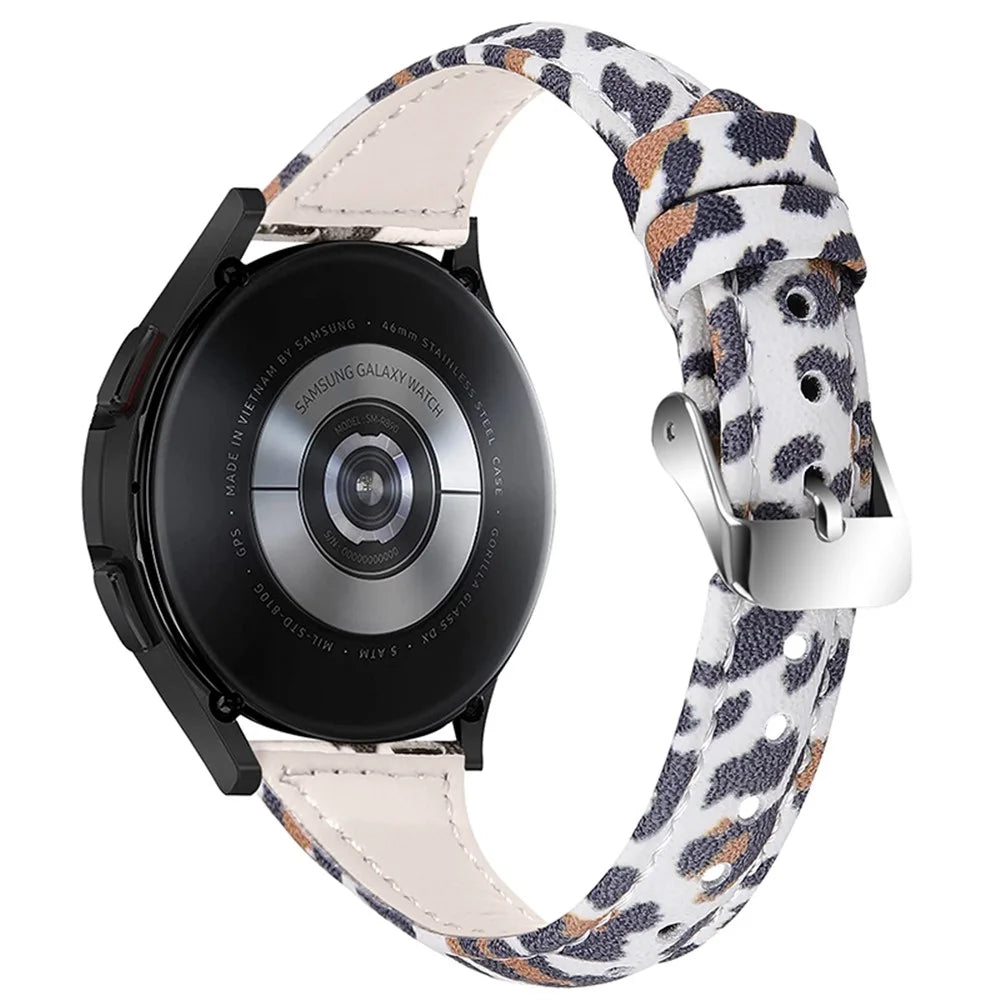 For Samsung Galaxy Watch 46mm/Watch3 45mm Genuine Cowhide Leather Leopard Texture Smart Watch Strap Wristband - White Brown/Leopard - 1